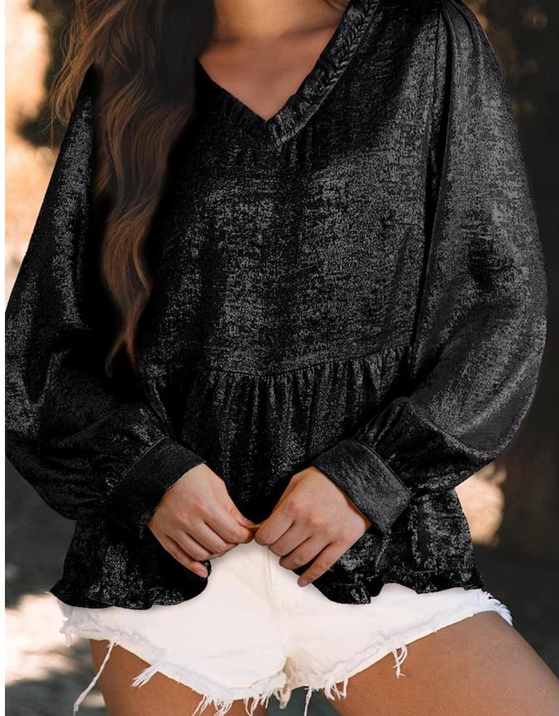 Black Metallic Frilled V Neck Puff Sleeve Babydoll Blouse