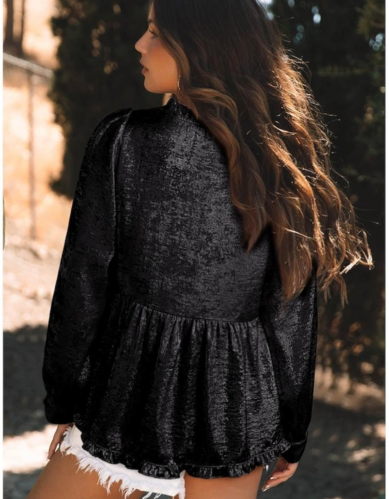 Black Metallic Frilled V Neck Puff Sleeve Babydoll Blouse