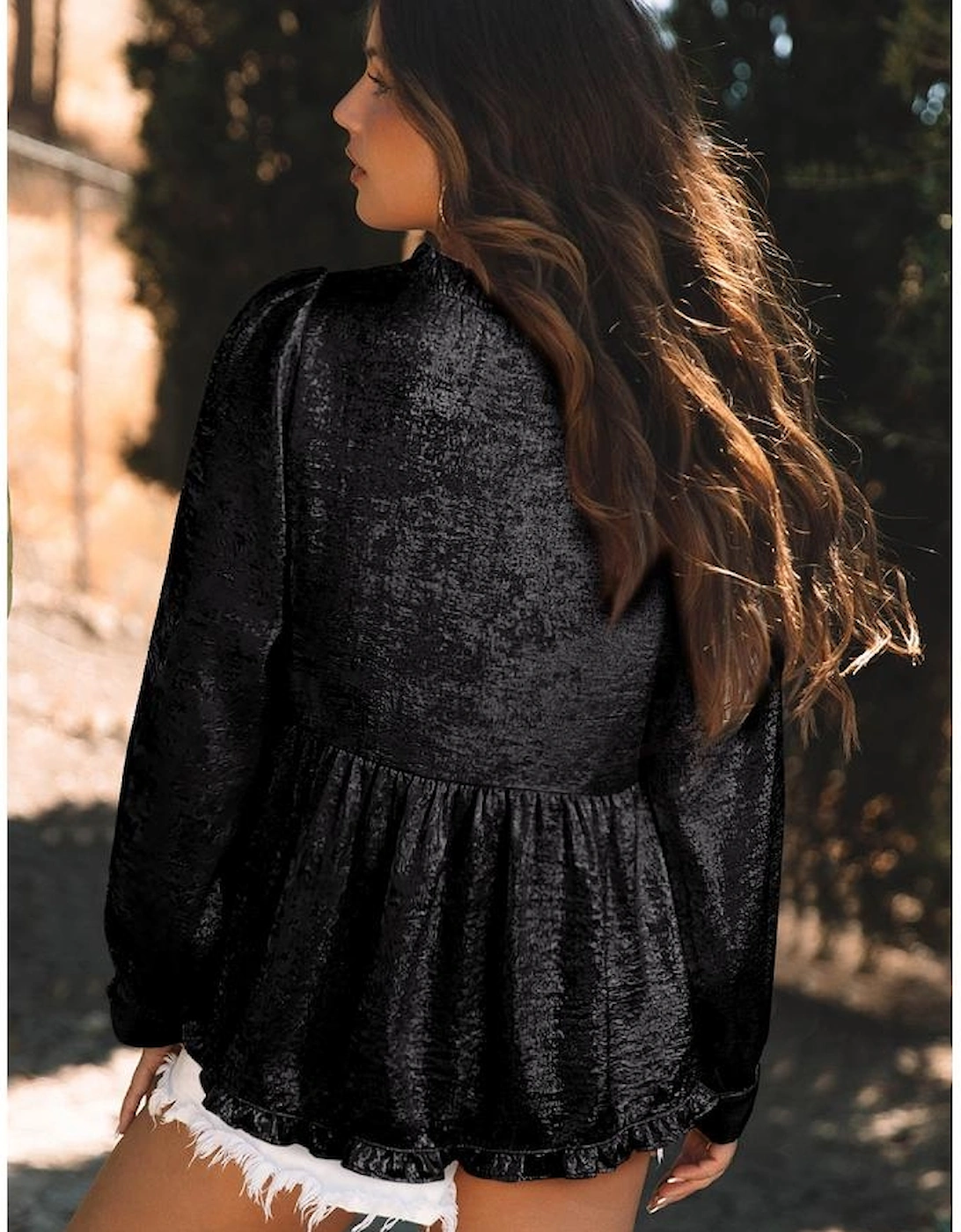 Black Metallic Frilled V Neck Puff Sleeve Babydoll Blouse