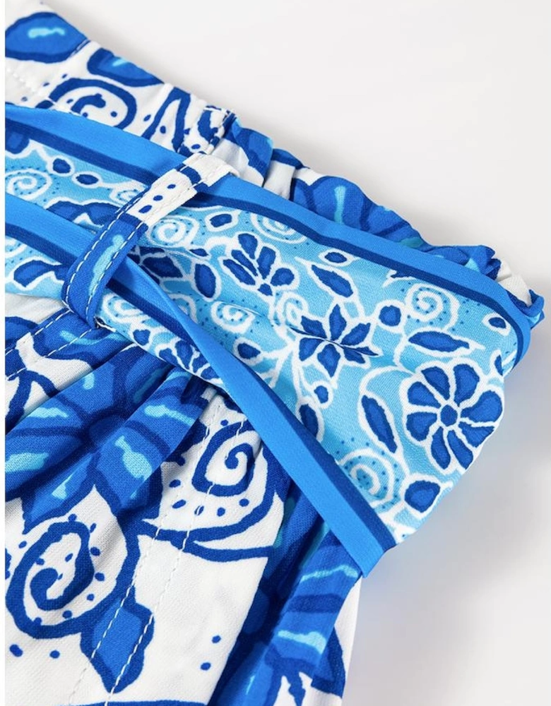 Blue Floral Print Pocketed Front Knot High Waist Casual Shorts