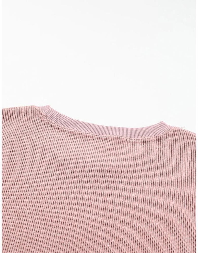 Pink Solid Ribbed Knit Round Neck Pullover Sweatshirt