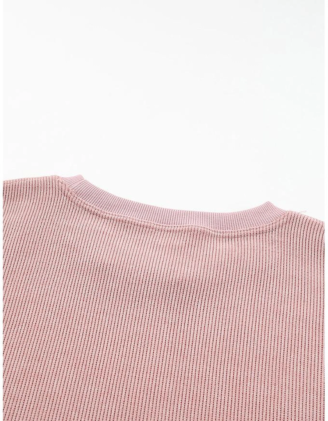 Pink Solid Ribbed Knit Round Neck Pullover Sweatshirt