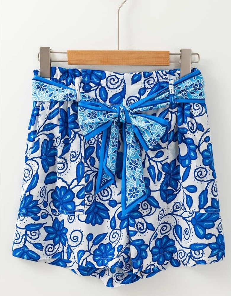 Blue Floral Print Pocketed Front Knot High Waist Casual Shorts