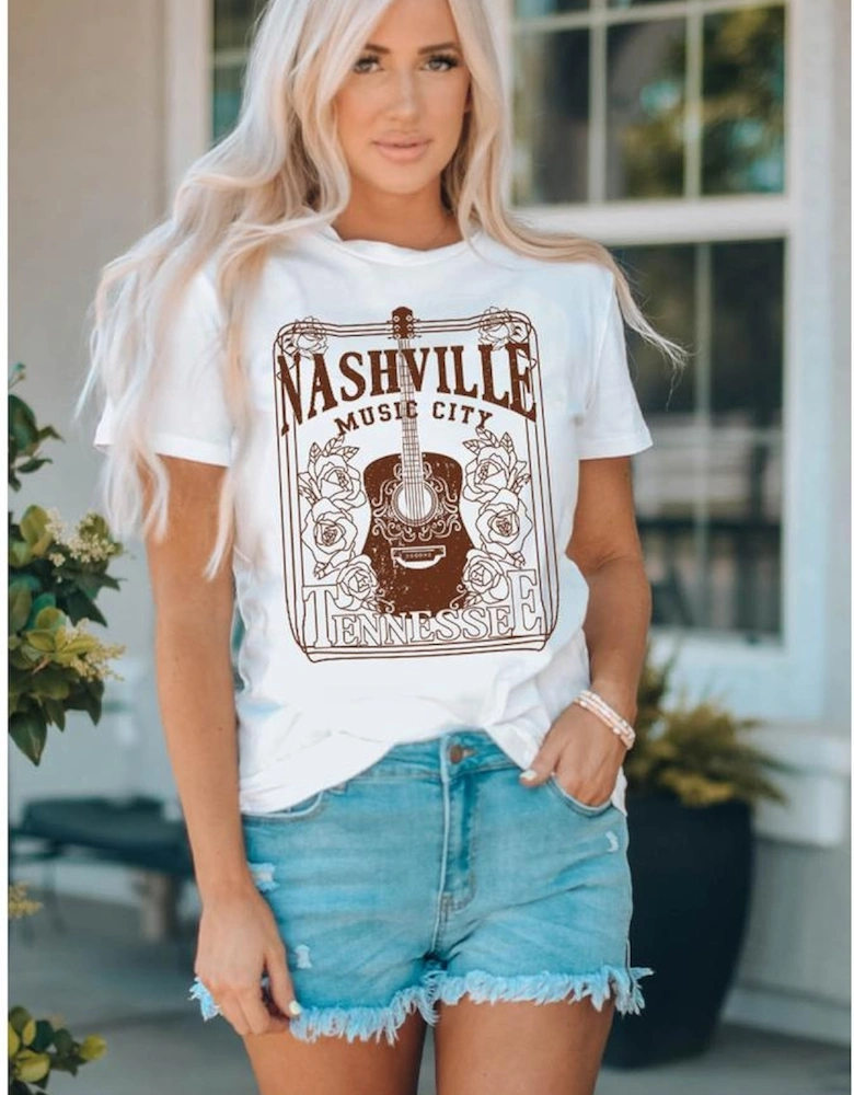 White NASHVILLE MUSIC CITY Graphic Crew Neck Tee
