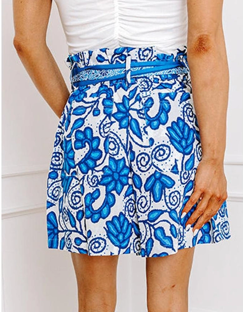 Blue Floral Print Pocketed Front Knot High Waist Casual Shorts