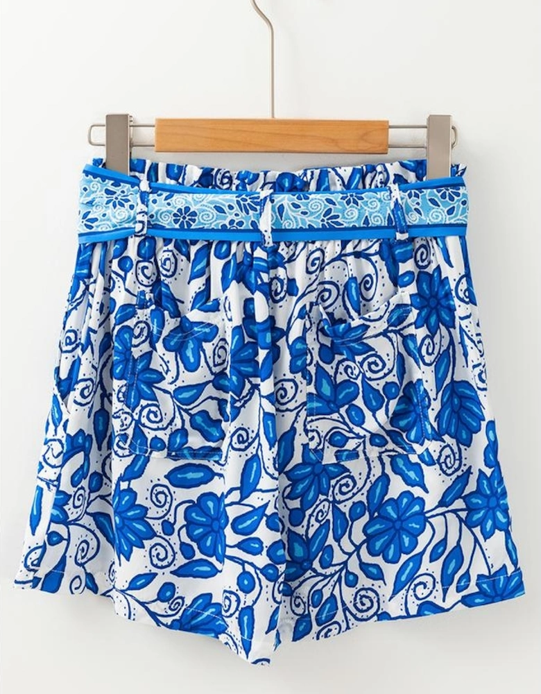 Blue Floral Print Pocketed Front Knot High Waist Casual Shorts