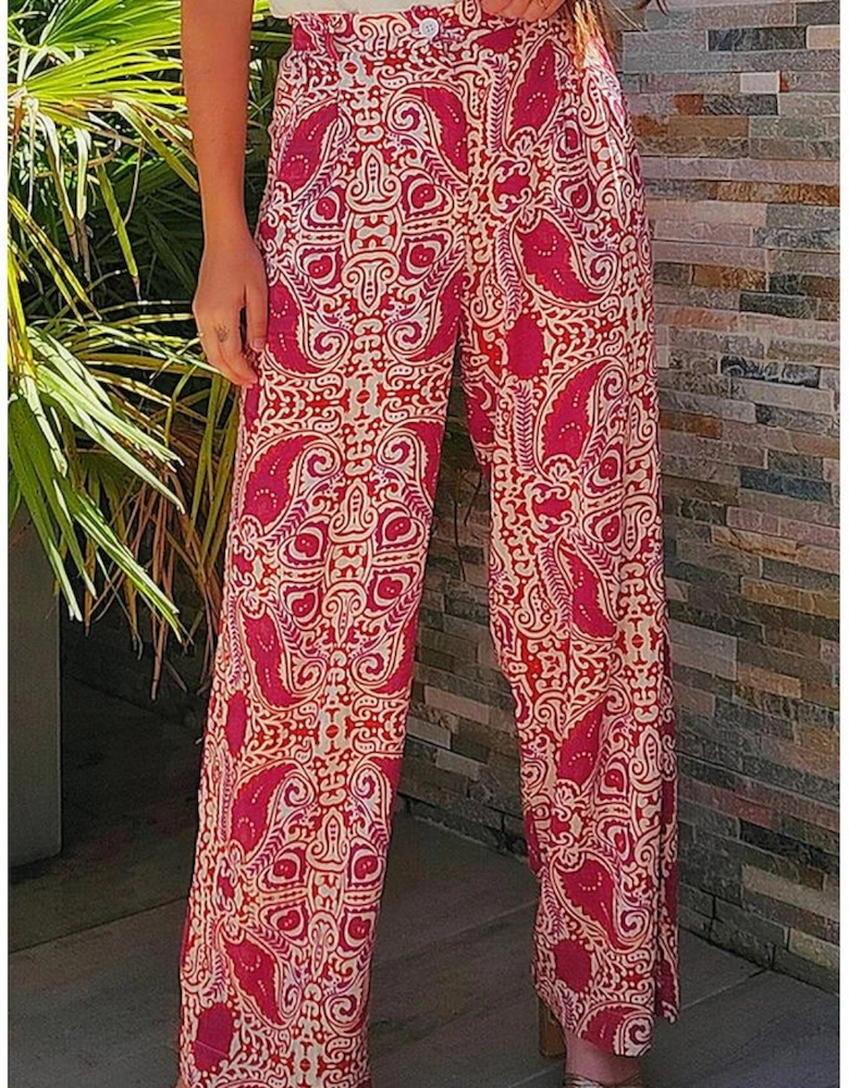 Red Paisley Printed Buttoned High Waist Straight Leg Pants