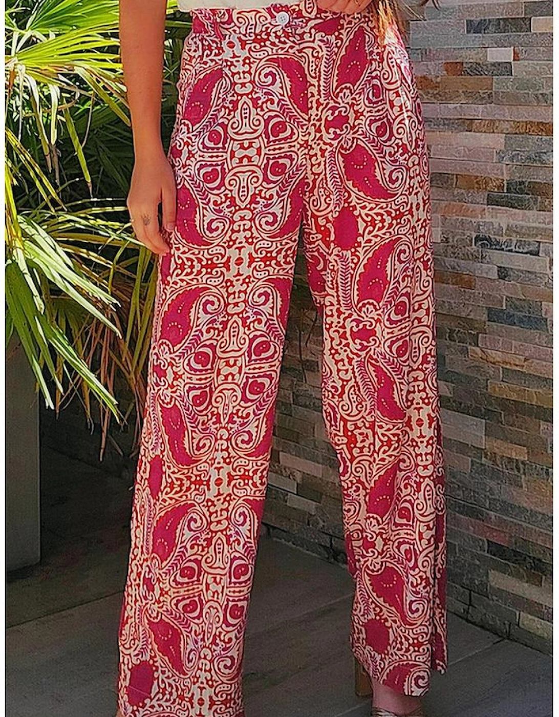 Red Paisley Printed Buttoned High Waist Straight Leg Pants