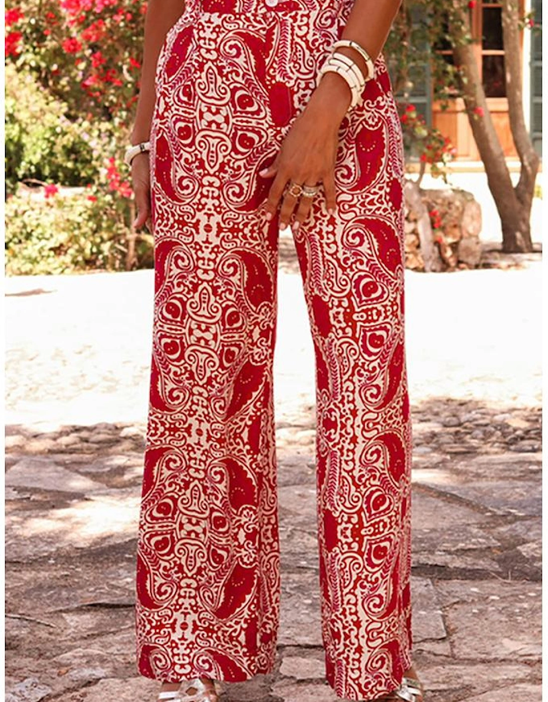 Red Paisley Printed Buttoned High Waist Straight Leg Pants