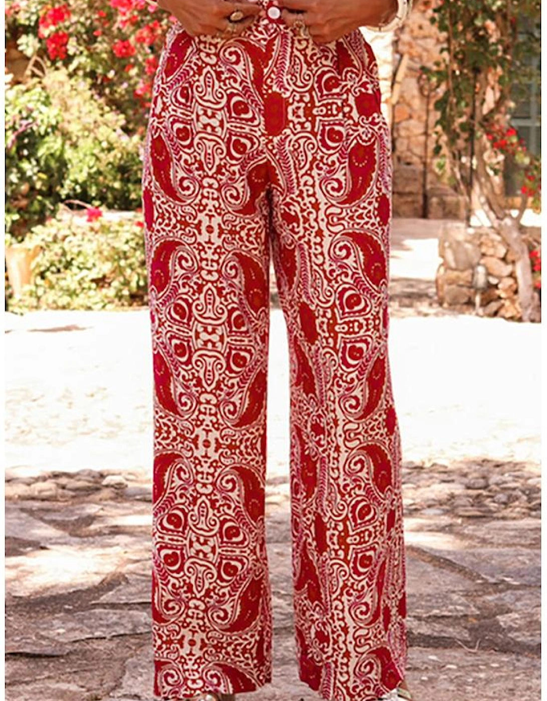Red Paisley Printed Buttoned High Waist Straight Leg Pants, 15 of 14