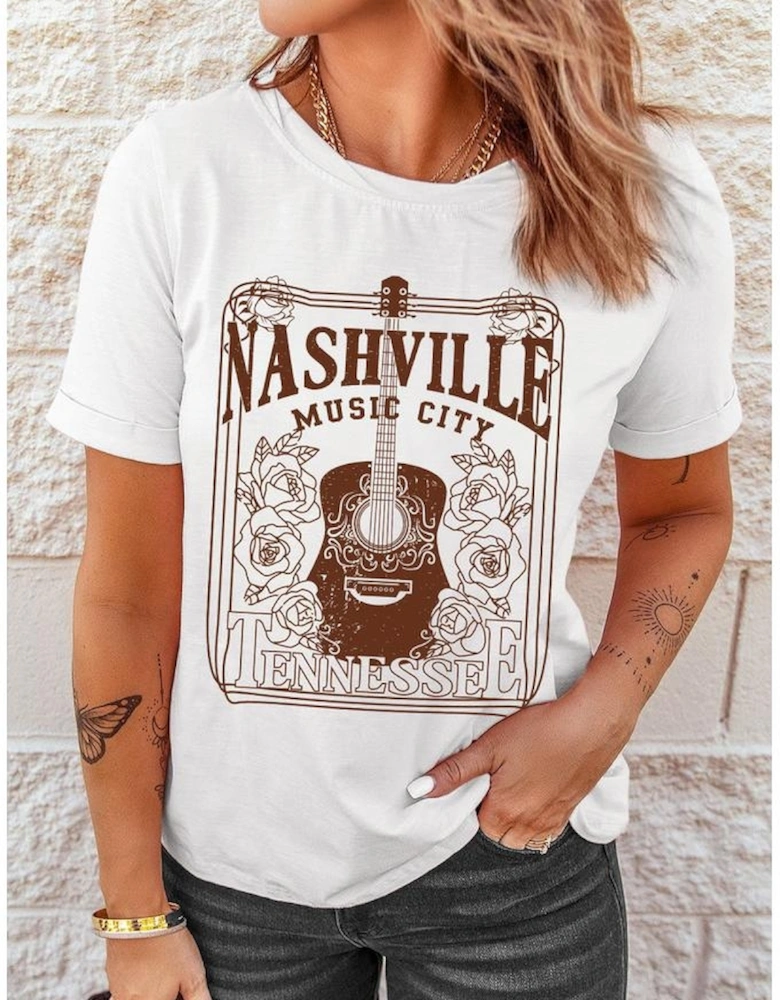 White NASHVILLE MUSIC CITY Graphic Crew Neck Tee