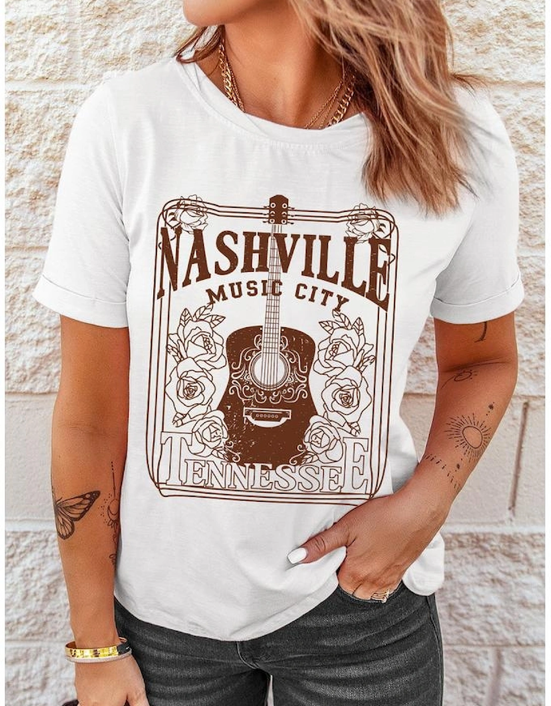 White NASHVILLE MUSIC CITY Graphic Crew Neck Tee
