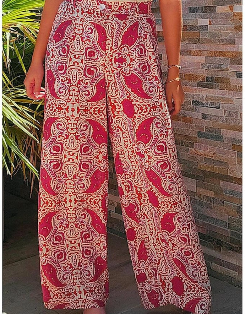 Red Paisley Printed Buttoned High Waist Straight Leg Pants