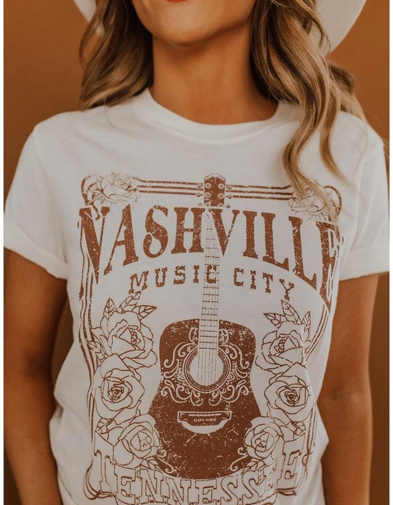 White NASHVILLE MUSIC CITY Graphic Crew Neck Tee