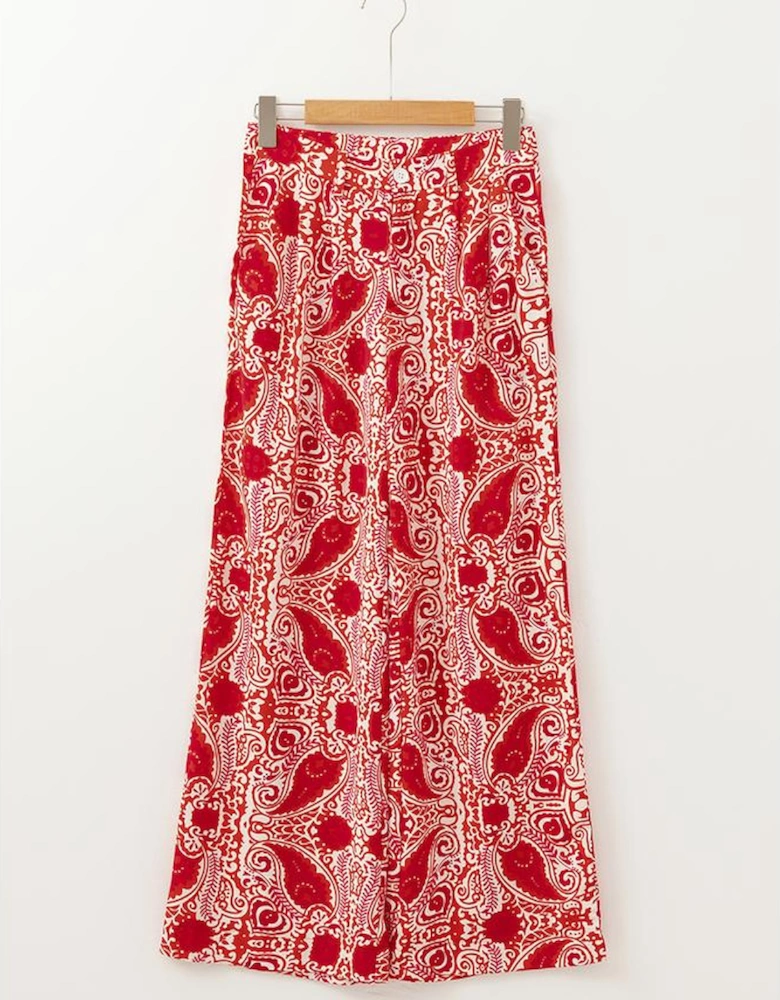 Red Paisley Printed Buttoned High Waist Straight Leg Pants