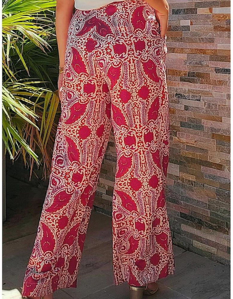 Red Paisley Printed Buttoned High Waist Straight Leg Pants