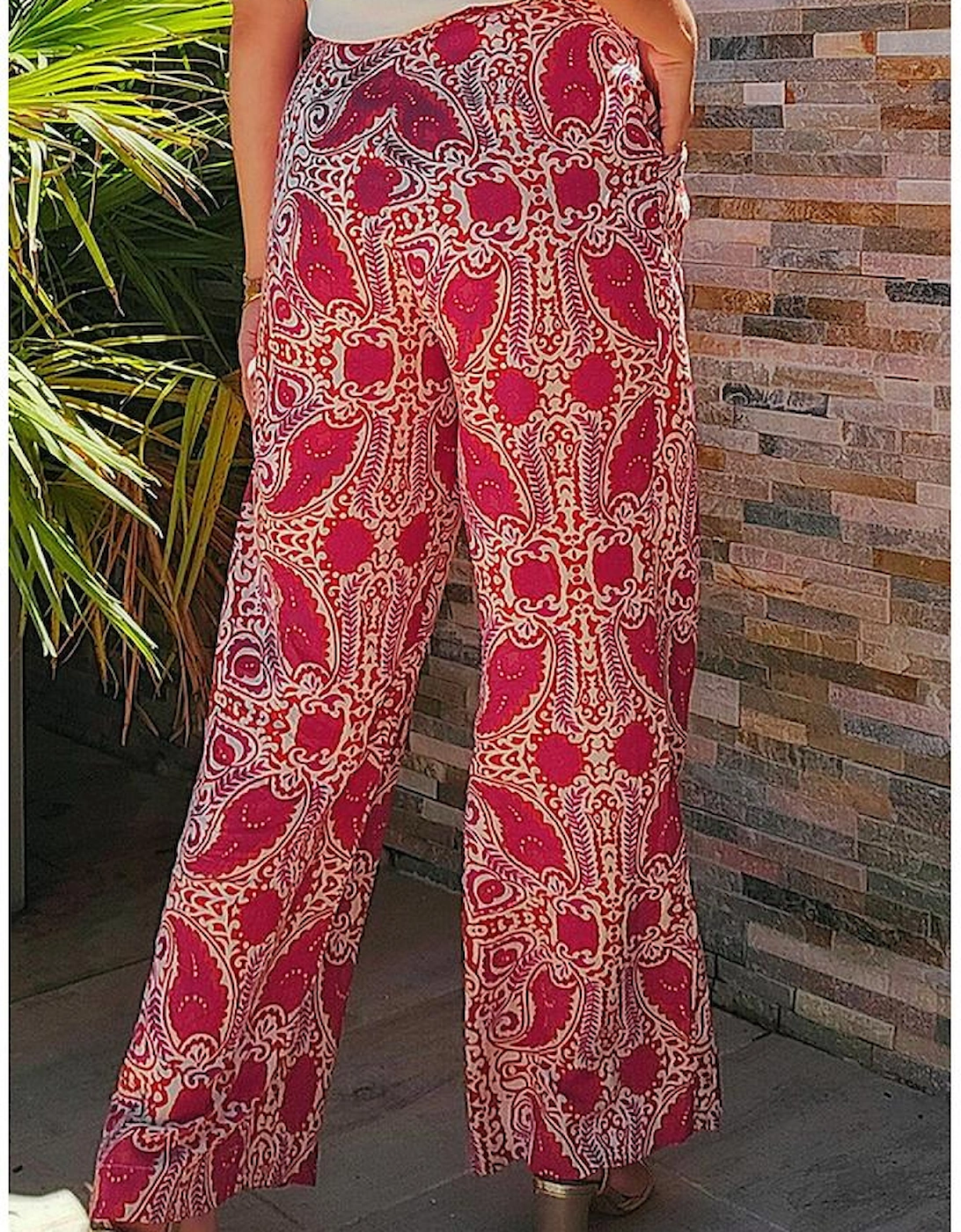 Red Paisley Printed Buttoned High Waist Straight Leg Pants