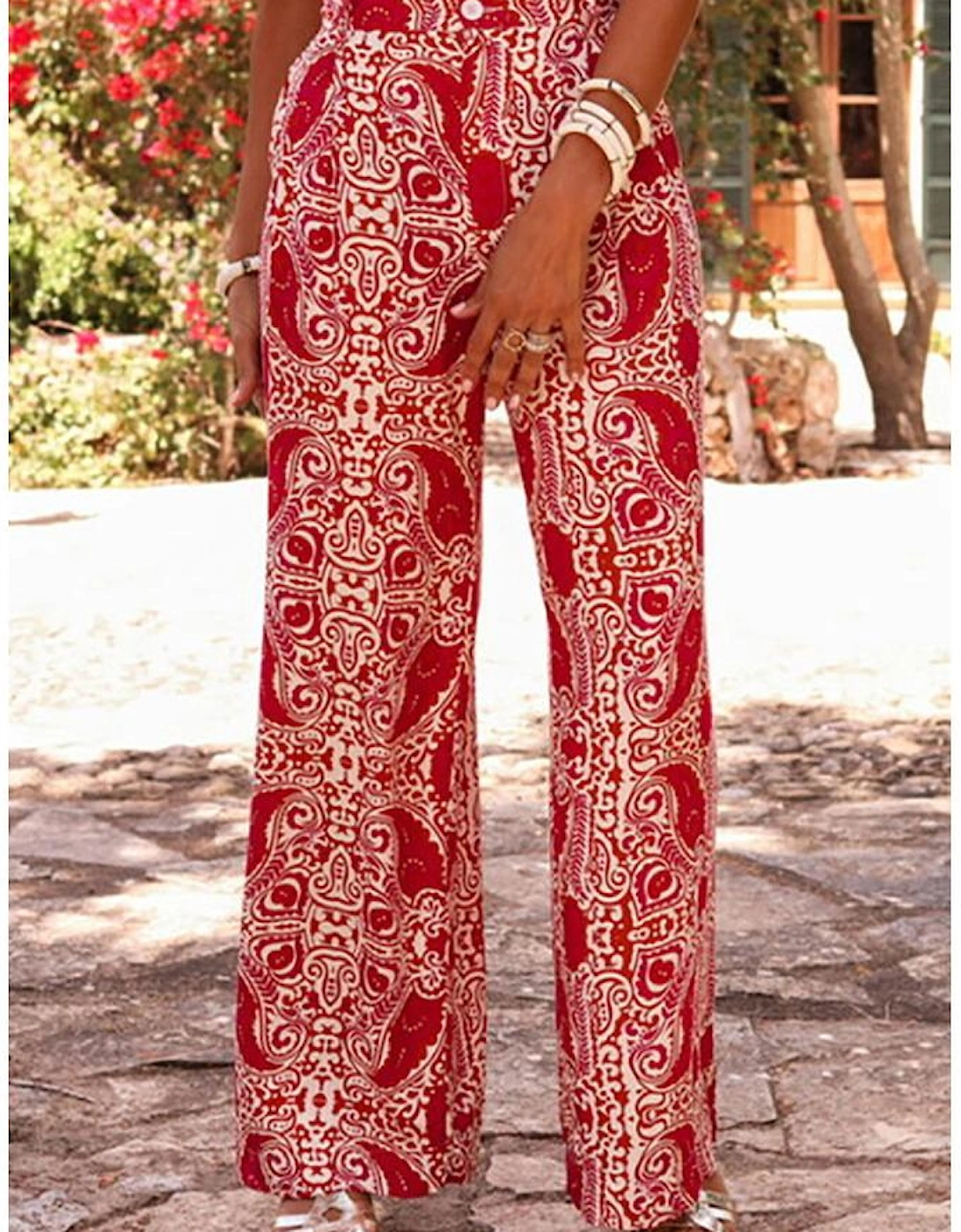 Red Paisley Printed Buttoned High Waist Straight Leg Pants