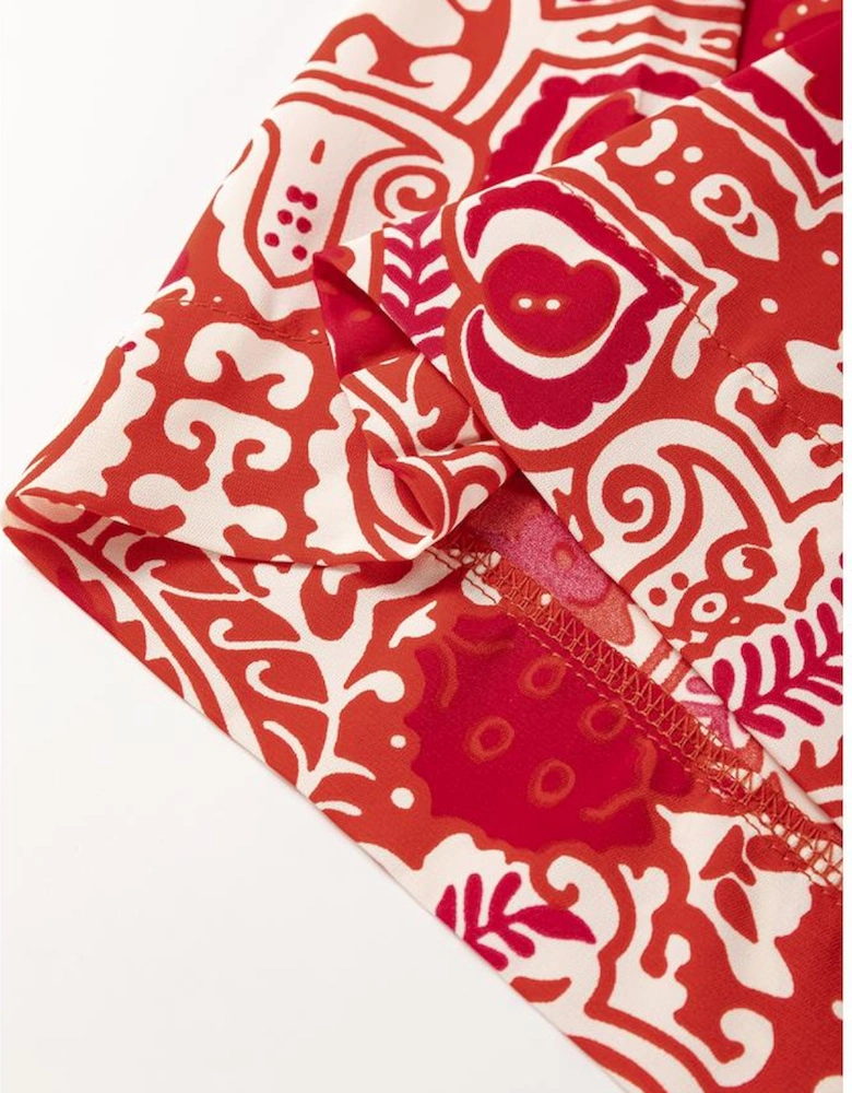 Red Paisley Printed Buttoned High Waist Straight Leg Pants