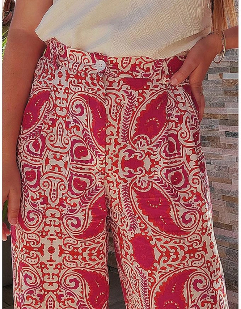 Red Paisley Printed Buttoned High Waist Straight Leg Pants