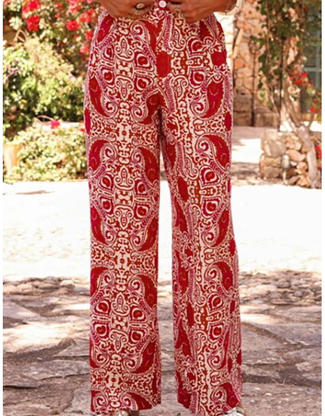 Red Paisley Printed Buttoned High Waist Straight Leg Pants