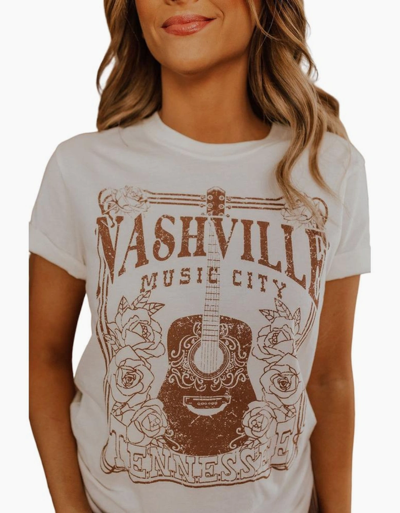 White NASHVILLE MUSIC CITY Graphic Crew Neck Tee
