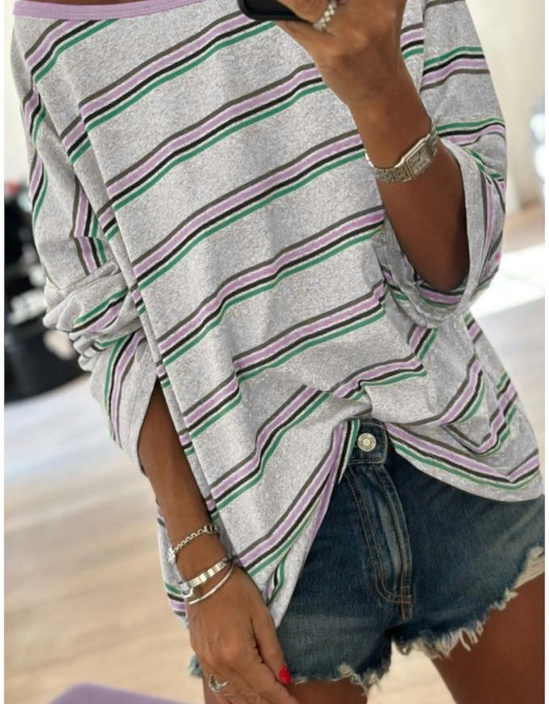 Purple Stripe Oversize Drop Shoulder Long Sleeve Casual Top