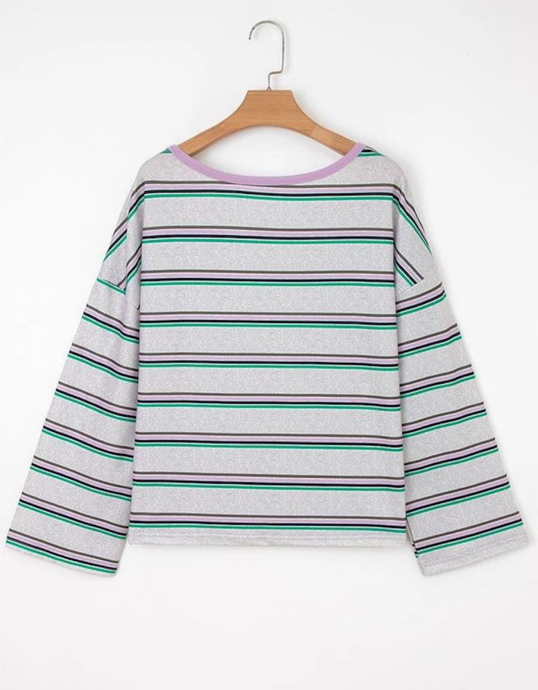 Purple Stripe Oversize Drop Shoulder Long Sleeve Casual Top