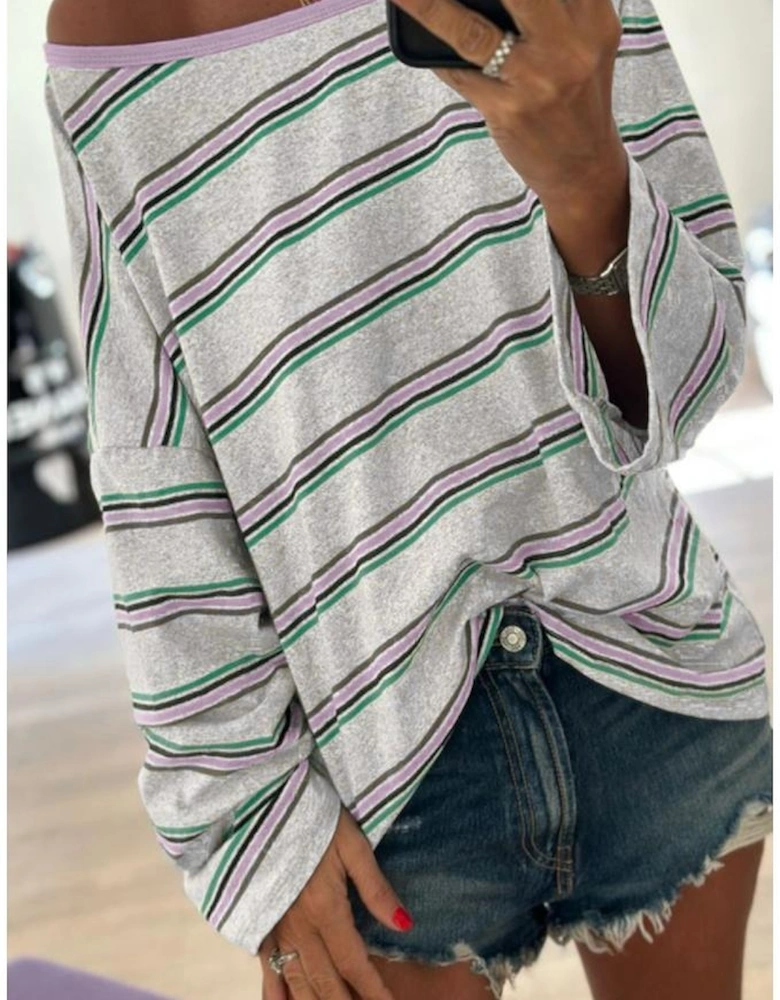 Purple Stripe Oversize Drop Shoulder Long Sleeve Casual Top