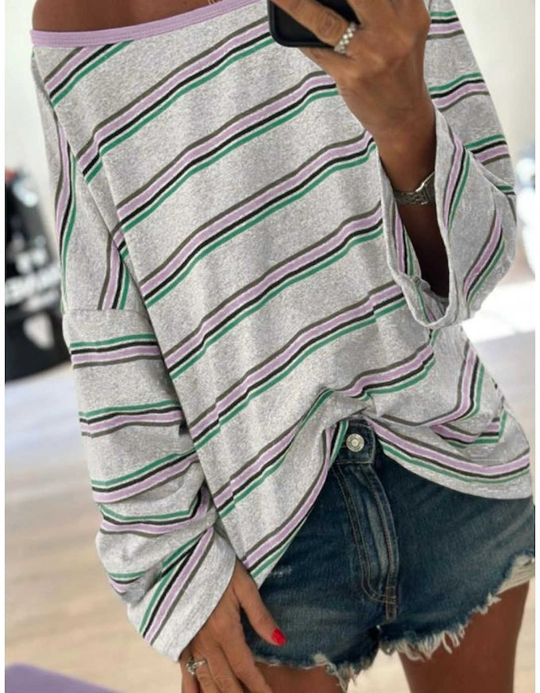Purple Stripe Oversize Drop Shoulder Long Sleeve Casual Top