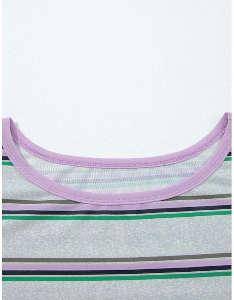 Purple Stripe Oversize Drop Shoulder Long Sleeve Casual Top