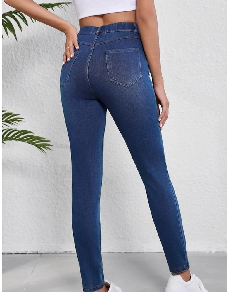 Ashleigh Blue Multiple Pockets Straight Leg Washed Stretchy Knit Casual Jeans