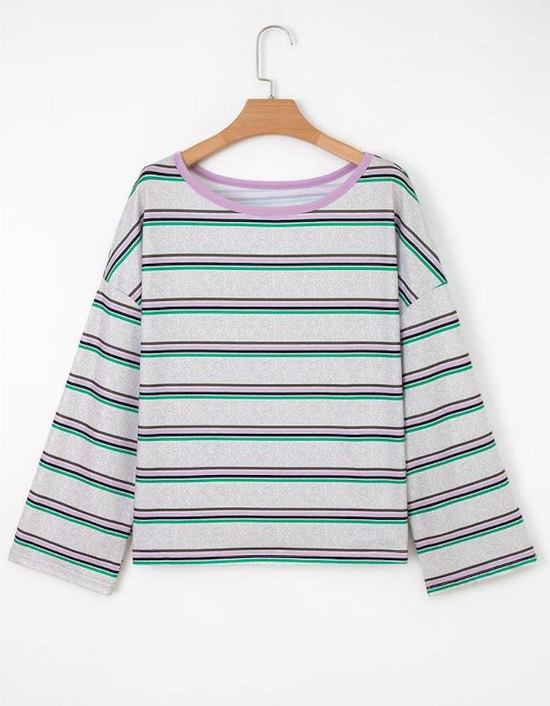Purple Stripe Oversize Drop Shoulder Long Sleeve Casual Top