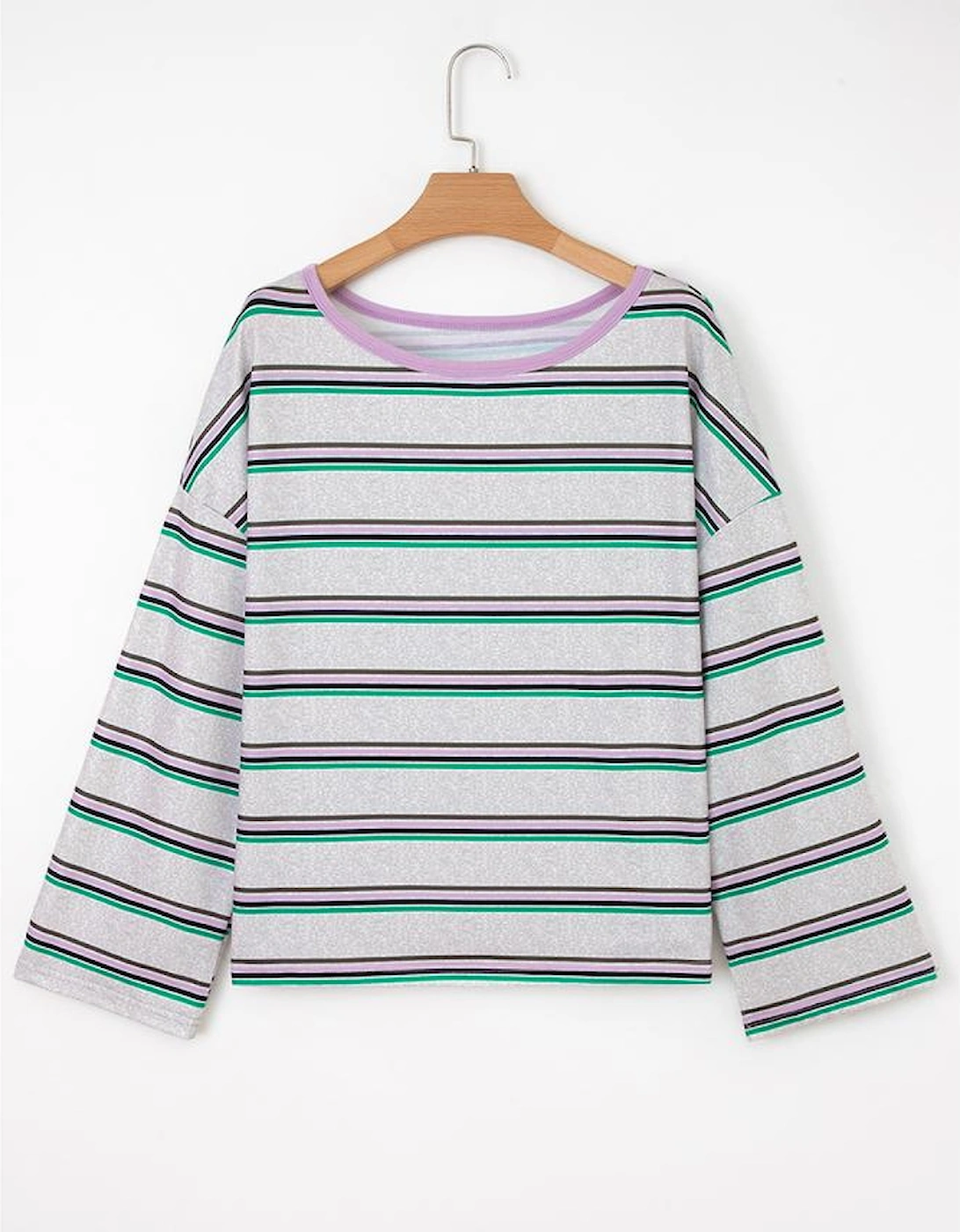 Purple Stripe Oversize Drop Shoulder Long Sleeve Casual Top