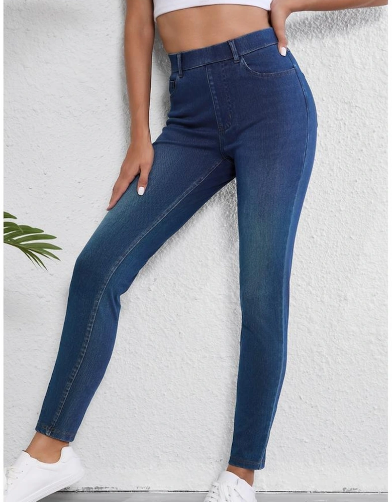 Ashleigh Blue Multiple Pockets Straight Leg Washed Stretchy Knit Casual Jeans