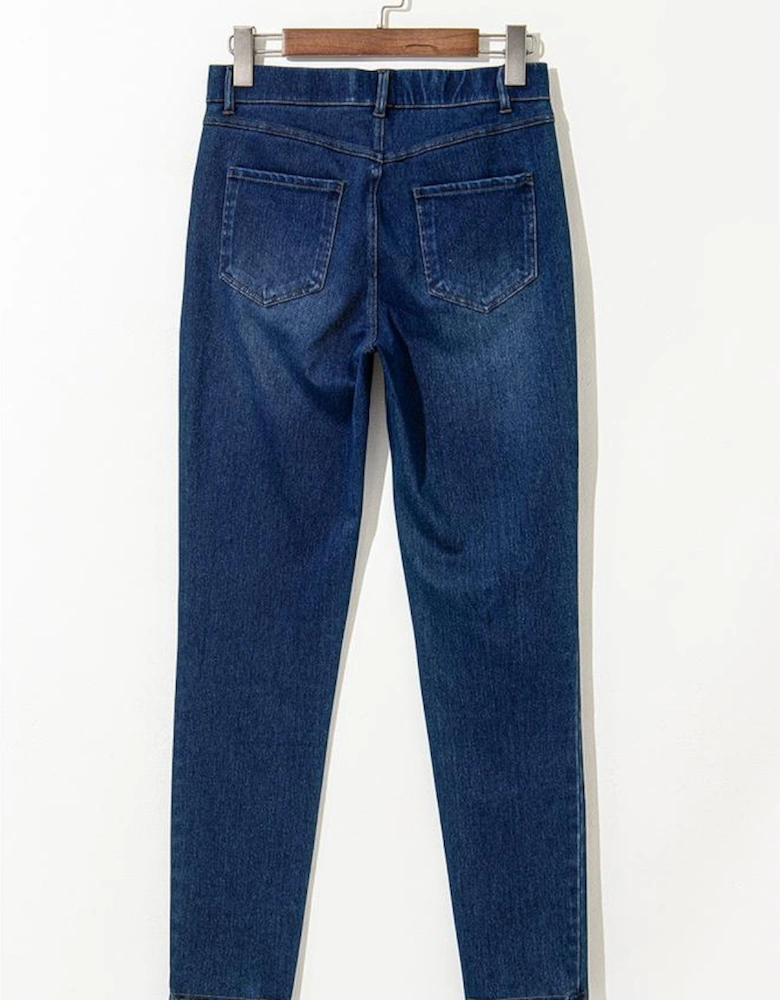 Ashleigh Blue Multiple Pockets Straight Leg Washed Stretchy Knit Casual Jeans