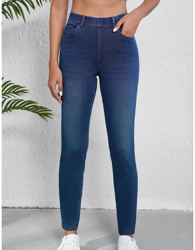 Ashleigh Blue Multiple Pockets Straight Leg Washed Stretchy Knit Casual Jeans