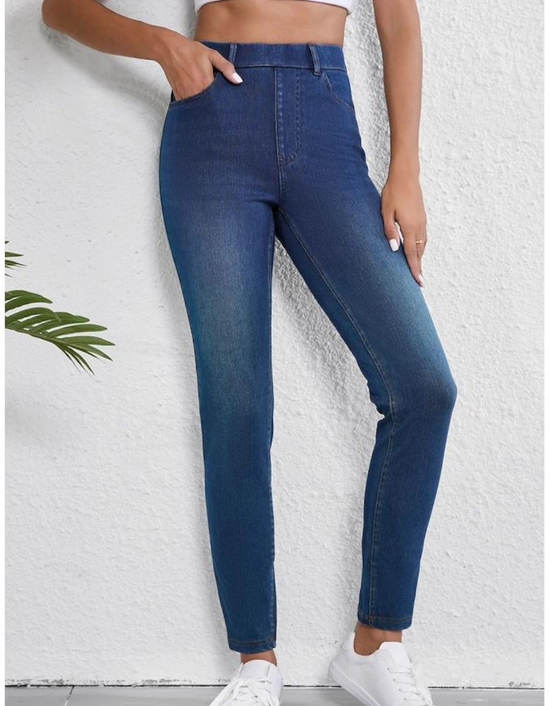 Ashleigh Blue Multiple Pockets Straight Leg Washed Stretchy Knit Casual Jeans