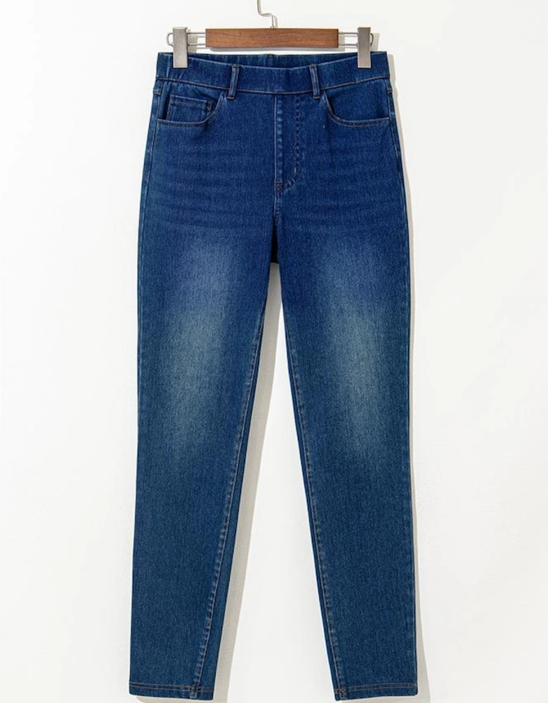 Ashleigh Blue Multiple Pockets Straight Leg Washed Stretchy Knit Casual Jeans