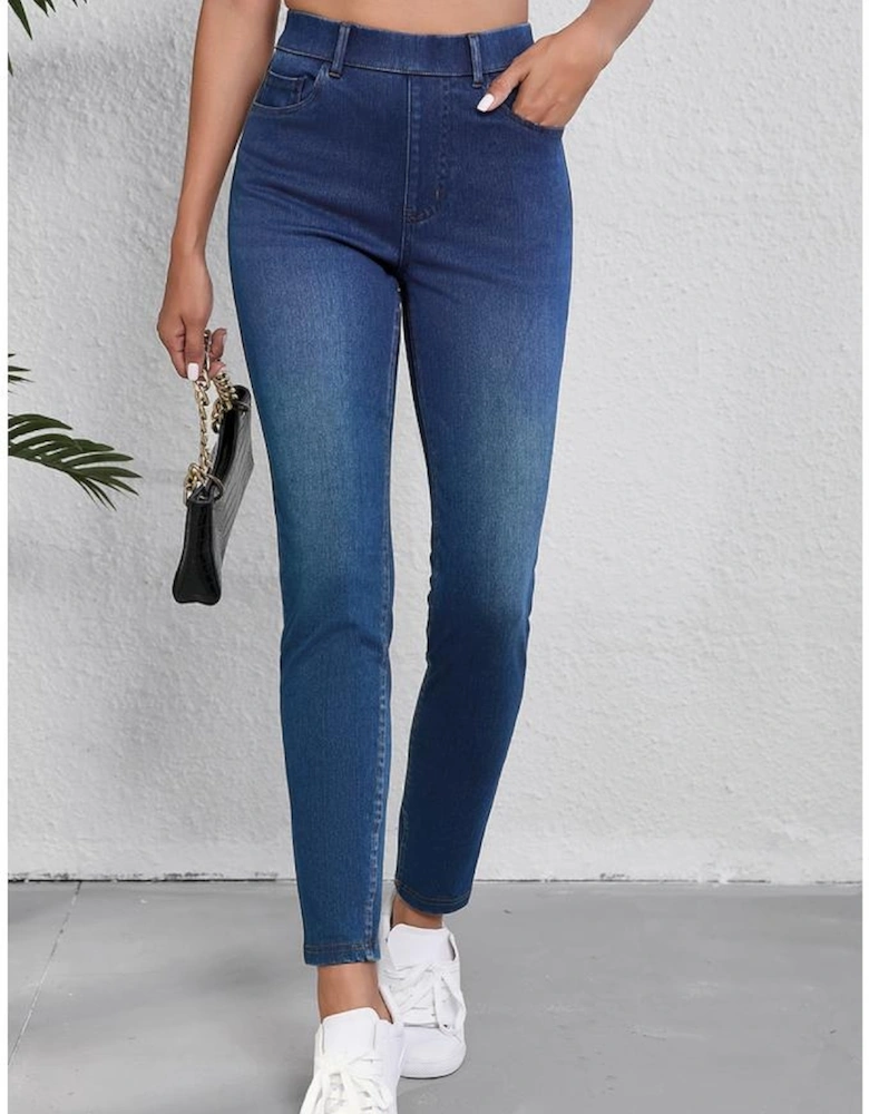 Ashleigh Blue Multiple Pockets Straight Leg Washed Stretchy Knit Casual Jeans