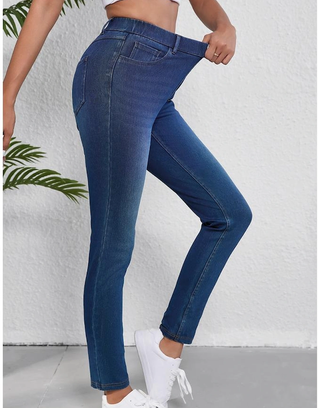Ashleigh Blue Multiple Pockets Straight Leg Washed Stretchy Knit Casual Jeans