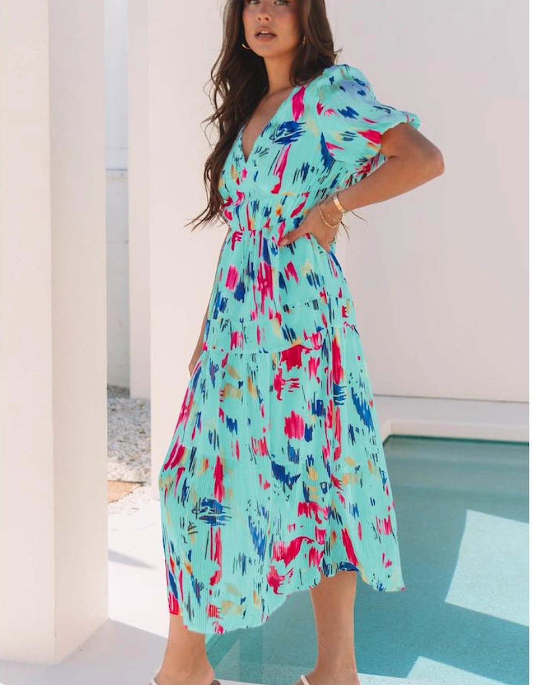 Sky Blue Abstract Print Short Puff Sleeve Tiered Maxi Dress