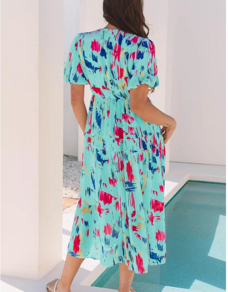 Sky Blue Abstract Print Short Puff Sleeve Tiered Maxi Dress