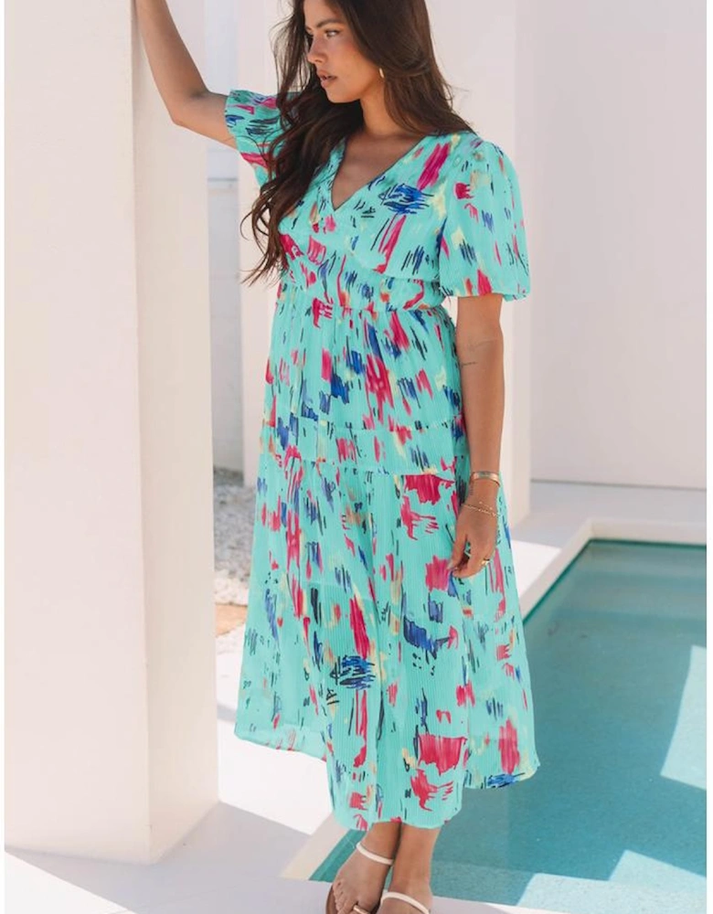 Sky Blue Abstract Print Short Puff Sleeve Tiered Maxi Dress