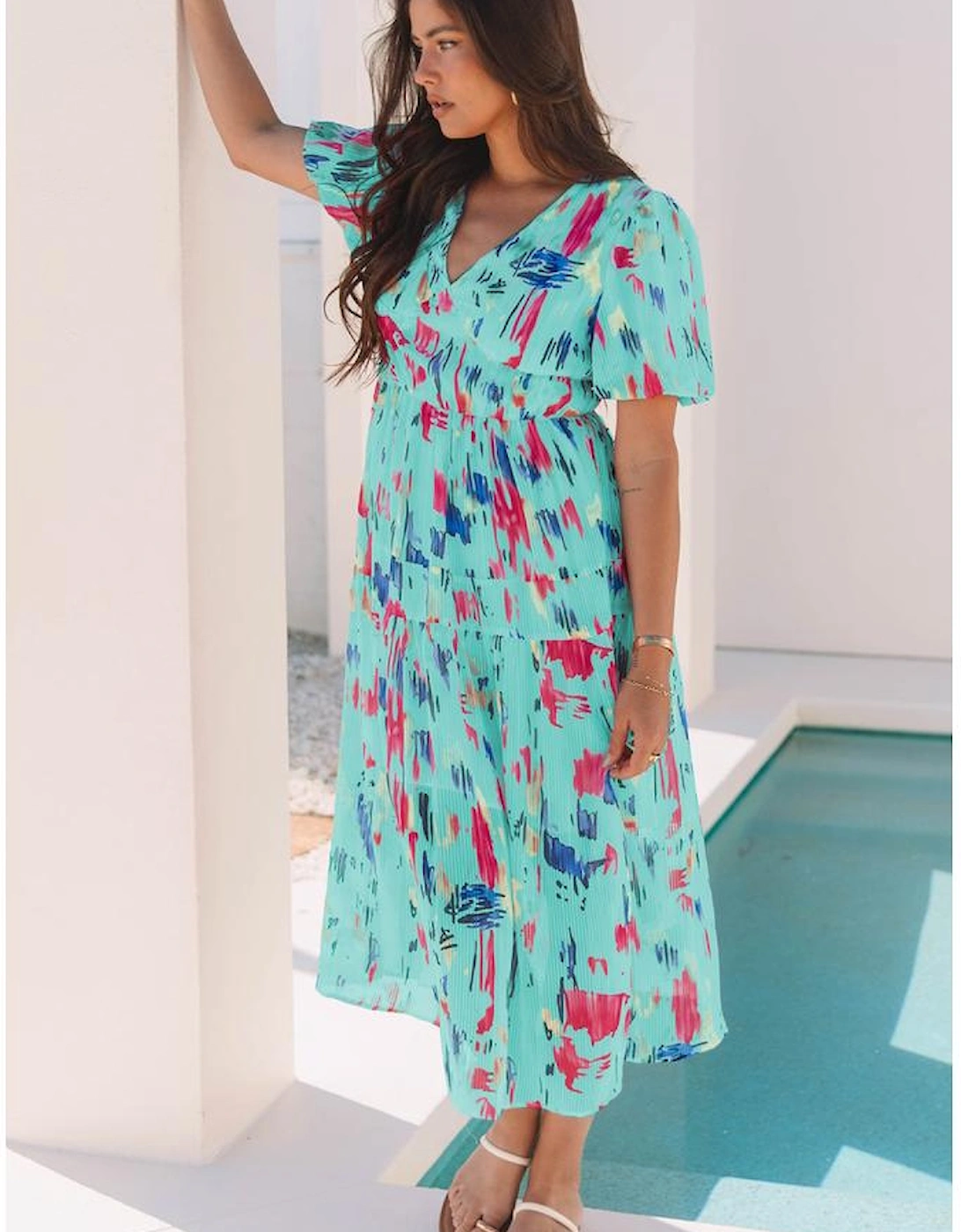 Sky Blue Abstract Print Short Puff Sleeve Tiered Maxi Dress