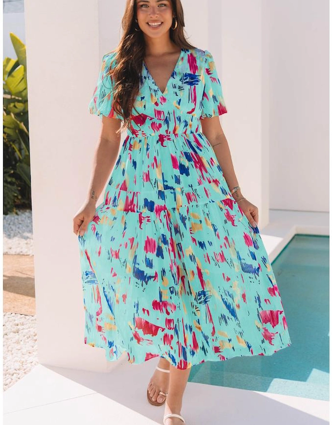 Sky Blue Abstract Print Short Puff Sleeve Tiered Maxi Dress