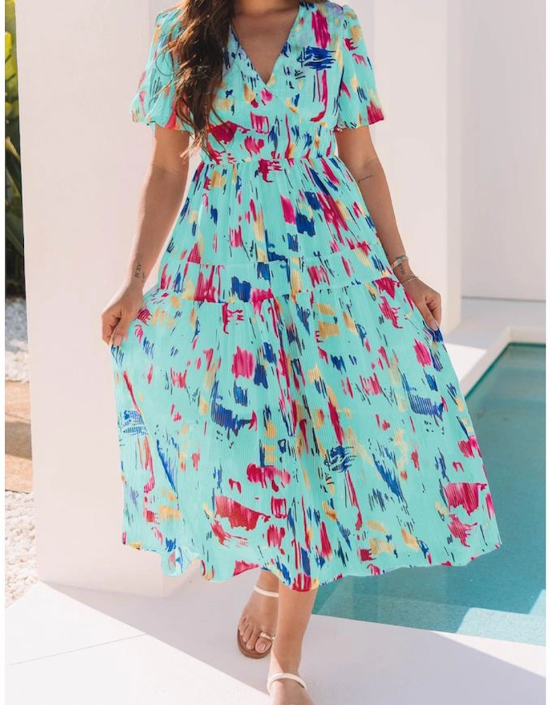 Sky Blue Abstract Print Short Puff Sleeve Tiered Maxi Dress