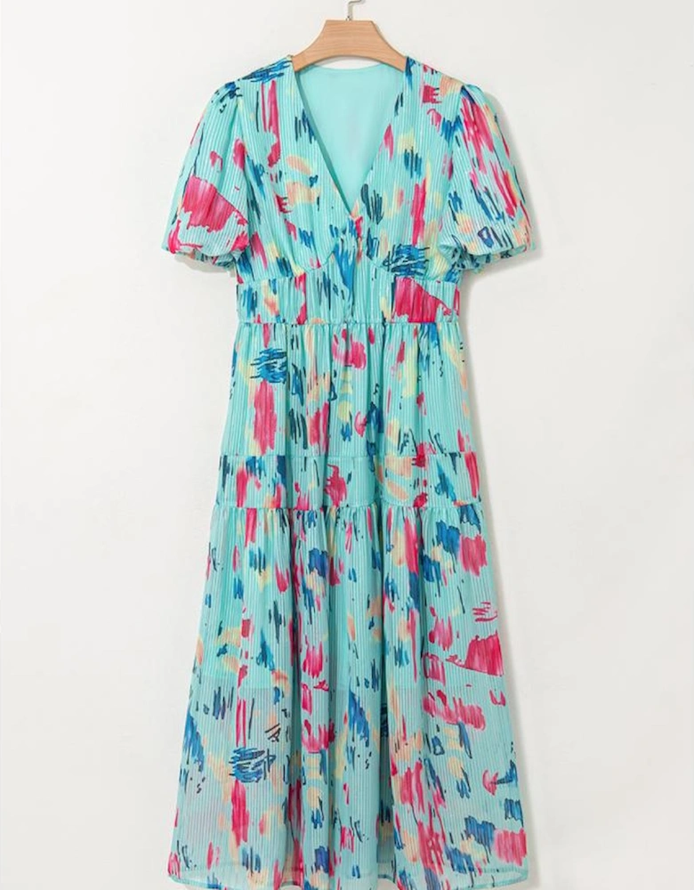 Sky Blue Abstract Print Short Puff Sleeve Tiered Maxi Dress