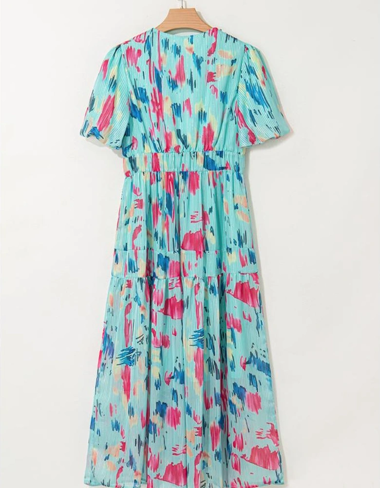 Sky Blue Abstract Print Short Puff Sleeve Tiered Maxi Dress