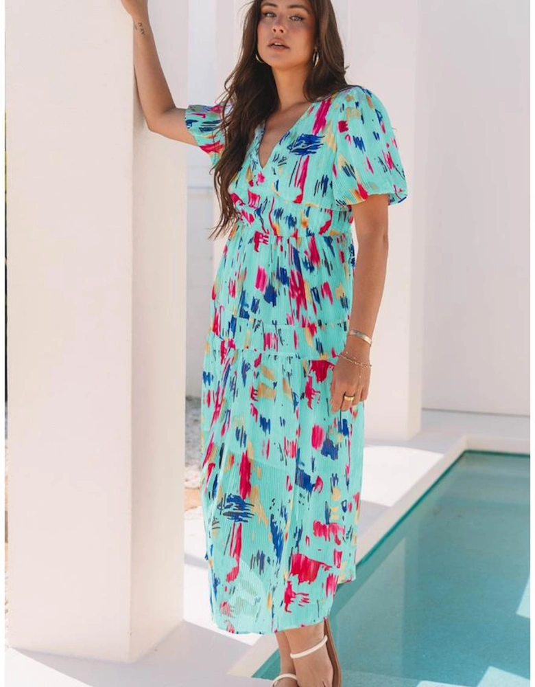 Sky Blue Abstract Print Short Puff Sleeve Tiered Maxi Dress